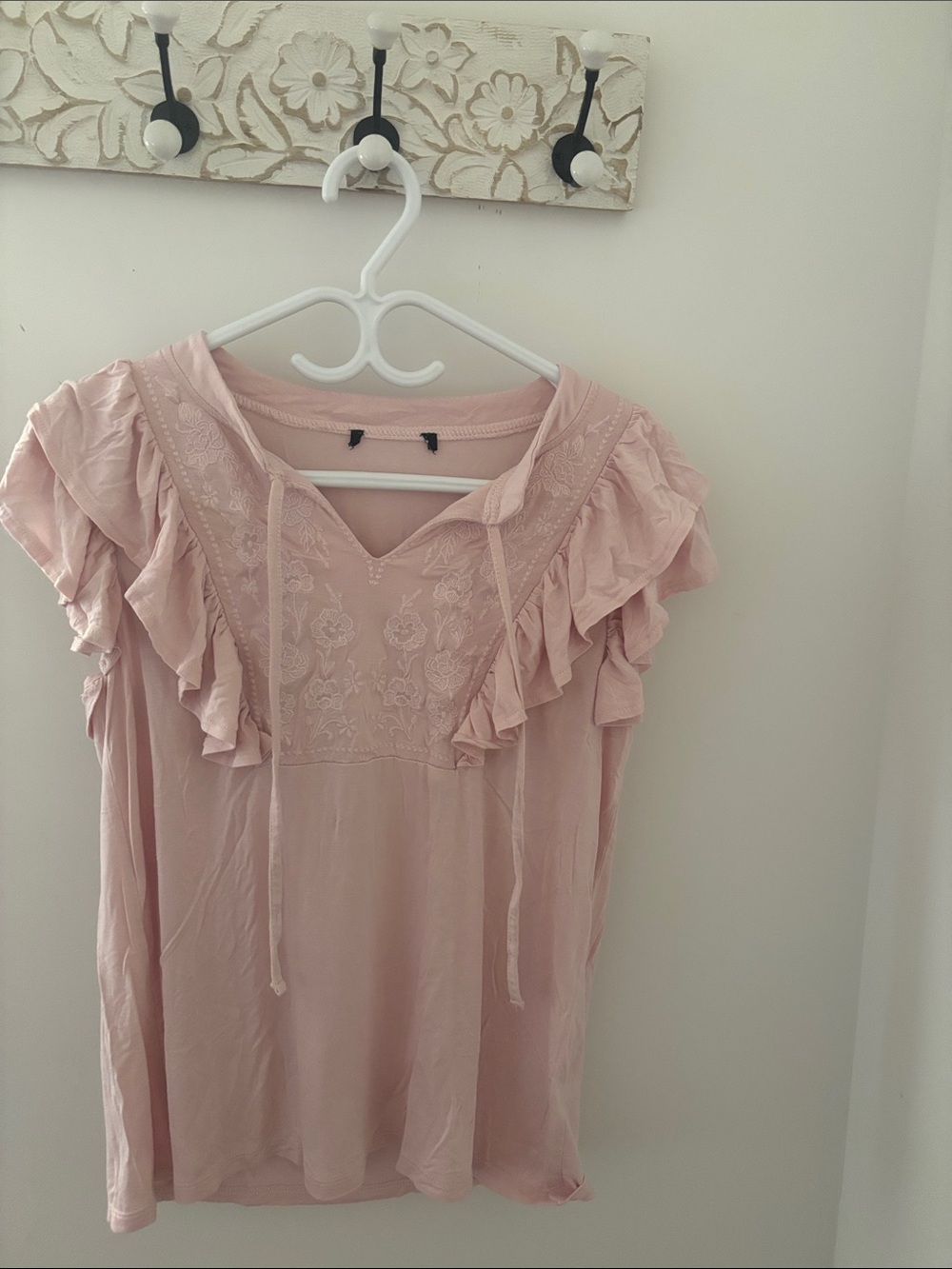 Soft Pink Ruffled Embroidered V-Neck Blouse